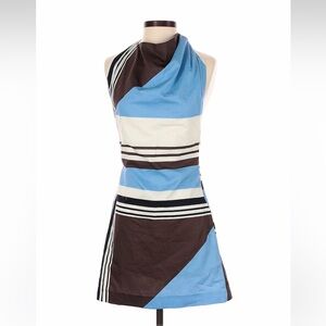 Zara Halter Neck Striped Mini Dress in Printed Blue, Brown & Cream